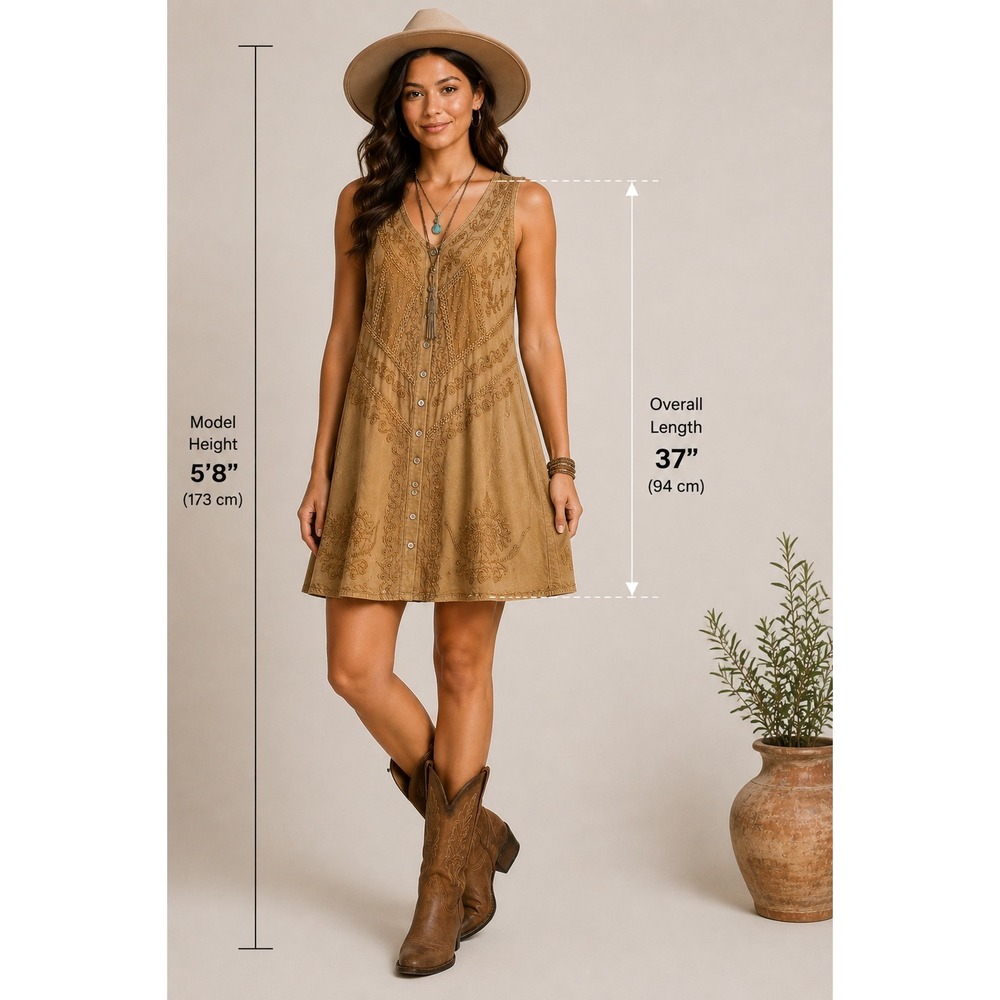 Boho Western Embroidered Rayon Button Front Mini Dress Brown Shubham L/XL